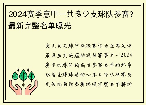 2024赛季意甲一共多少支球队参赛？最新完整名单曝光